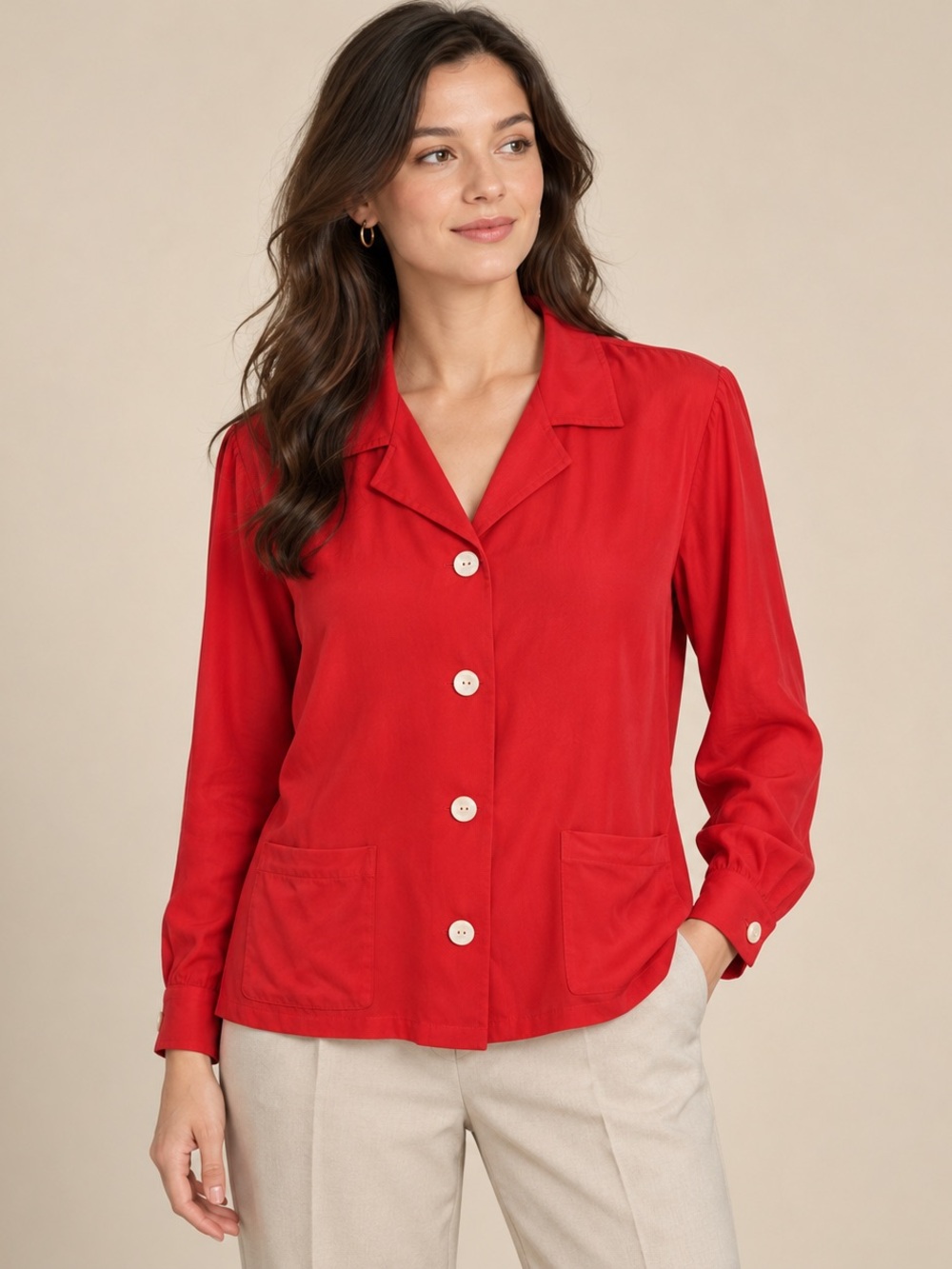 Kate Hill Lord & Taylor Red 100% Silk Shirt Jacket Blouse L